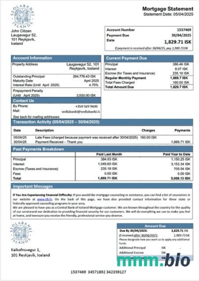 Islandia Bank Centralny Islandii wyciąg z kredytu hipotecznego szablon Word i PDF